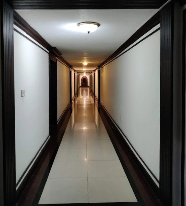 Long hotel corridor
